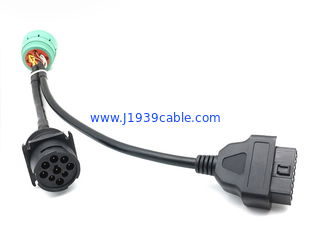 Green Deutsch 9-Pin J1939 Female to OBD-II 16-Pin Female and J1939 Male Truck Y Cable