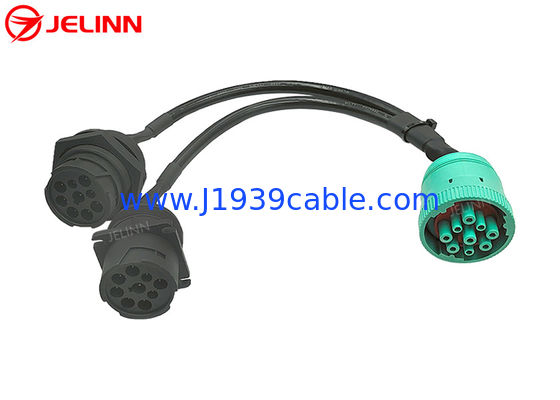 9 Pin J1939 Type 2 Female to J1939 Type 1 Male Threaded and Type 1 Male Square Flange Splitter Y Cable